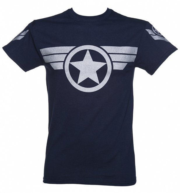 Men's Navy Metallic Silver Print Steve Rogers Super Soldier Captain America Uniform Marvel T-Shirt Men's Navy Metallic Silver Print Steve Rogers Super Soldier Captain America Uniform Marvel T-Shirt