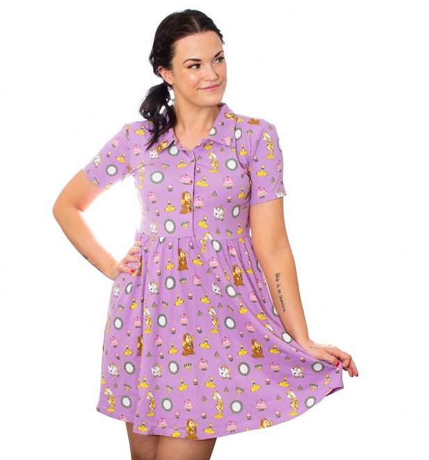 Beauty And The Beast All Over Print Button Up Dress from Cakeworthy