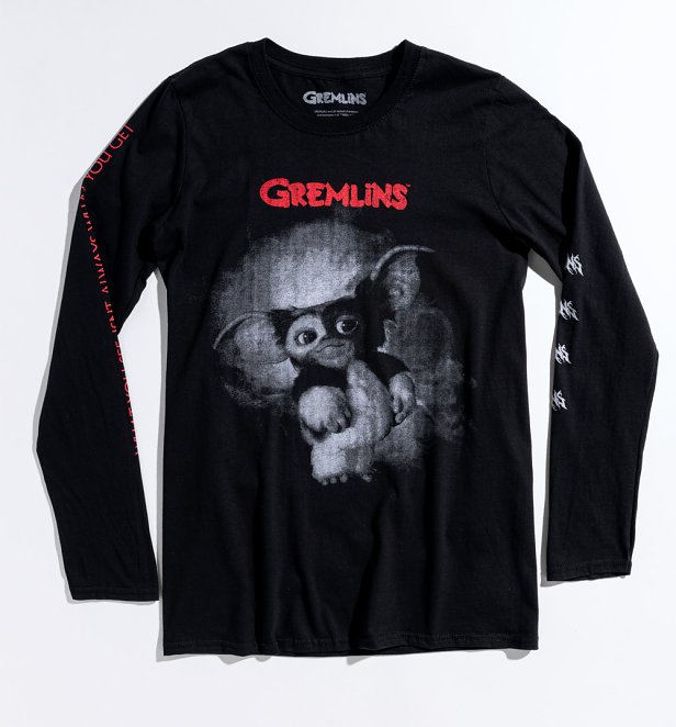 Black Gremlins Gizmo and Mohawk Long Sleeve T-Shirt with Sleeve and Back Print Black Gremlins Gizmo and Mohawk Long Sleeve T-Shirt with Sleeve and Back Print