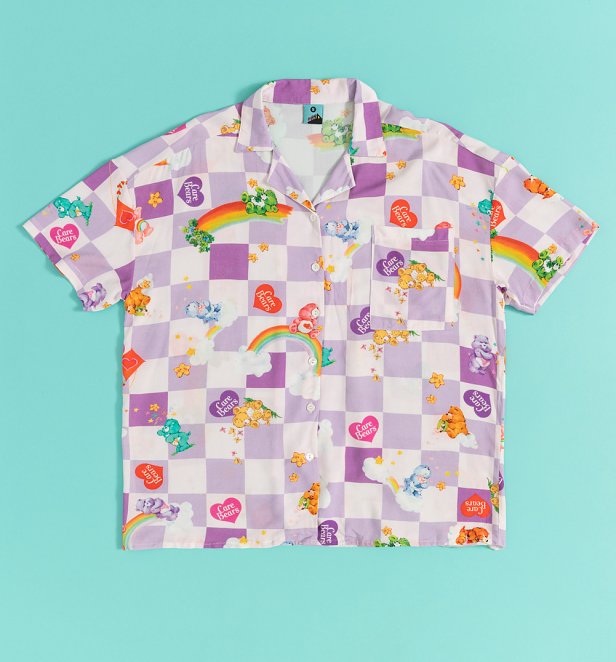 Care Bears Check Purple Short Sleeve Button Up Shirt Care Bears Check Purple Short Sleeve Button Up Shirt