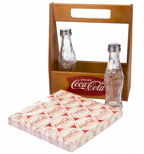 Coca-Cola Wooden Caddy With Napkins and Salt and Pepper Shakers Coca-Cola Wooden Caddy With Napkins and Salt and Pepper Shakers