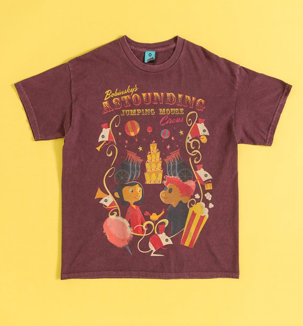 Coraline Jumping Mouse Circus Vintage Wash Burgundy T-Shirt With Back Print