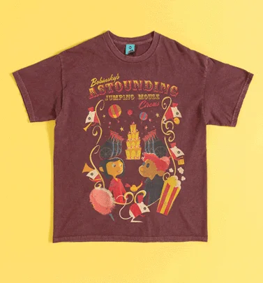 Coraline Jumping Mouse Circus Vintage Wash Burgundy T-Shirt With Back Print