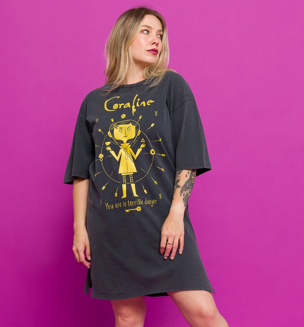 Coraline You Are In Terrible Danger Vintage Wash Charcoal T-Shirt Dress Coraline You Are In Terrible Danger Vintage Wash Charcoal T-Shirt Dress