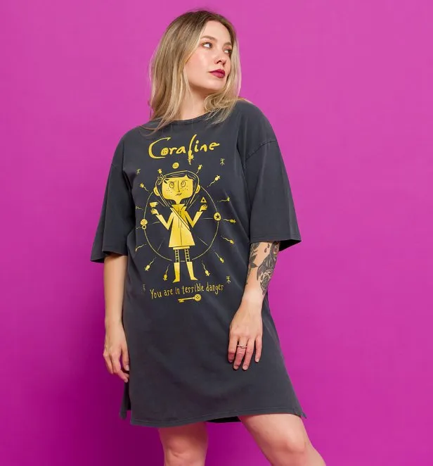 Coraline You Are In Terrible Danger Vintage Wash Charcoal T-Shirt Dress