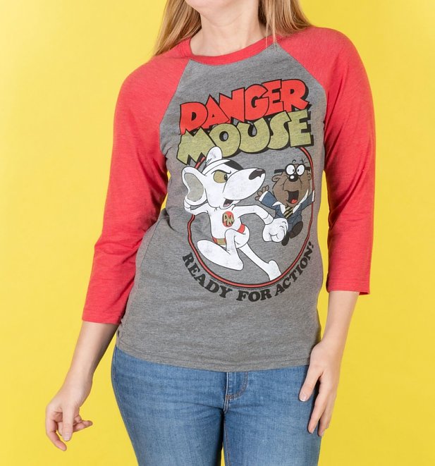 Danger Mouse Ready For Action Grey and Red Raglan Baseball T-Shirt Danger Mouse Ready For Action Grey and Red Raglan Baseball T-Shirt