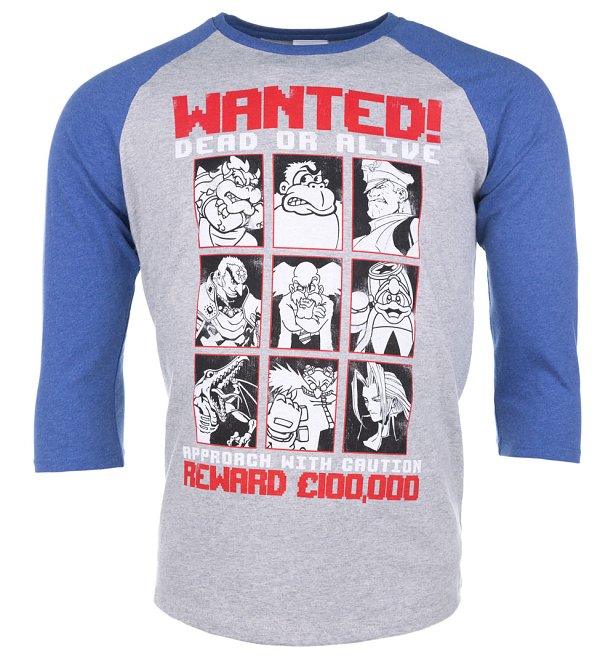 Gaming Villains Wanted Poster Heather Grey And Heather Indigo Raglan Baseball T-Shirt Gaming Villains Wanted Poster Heather Grey And Heather Indigo Raglan Baseball T-Shirt