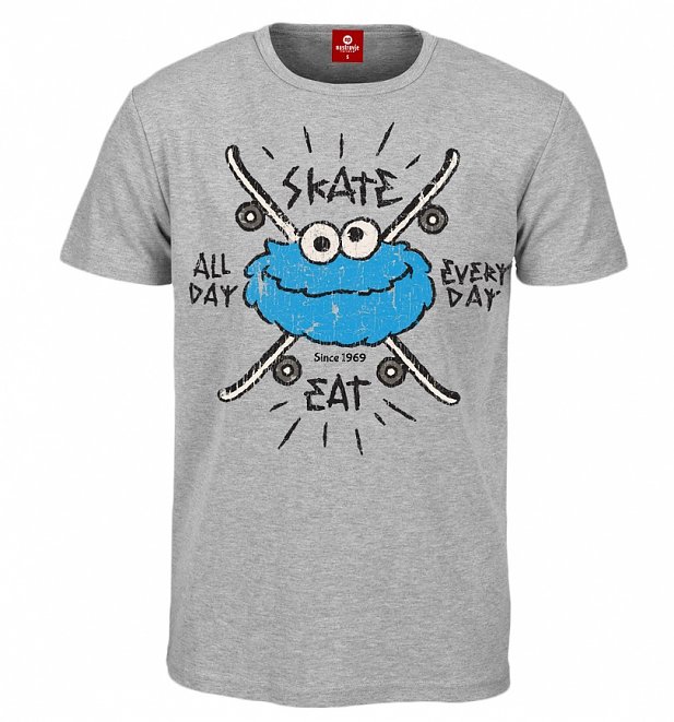 Men's Grey Marl Cookie Monster Eat Skate All Day Sesame Street T-Shirt Men's Grey Marl Cookie Monster Eat Skate All Day Sesame Street T-Shirt