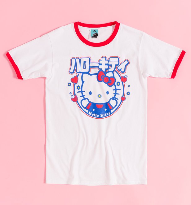 Hello Kitty Retro Japanese White And Red Ringer T-Shirt