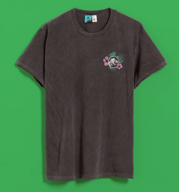 Jurassic Park Tropical Flower Vintage Wash Charcoal T-Shirt With Back Print Jurassic Park Tropical Flower Vintage Wash Charcoal T-Shirt With Back Print