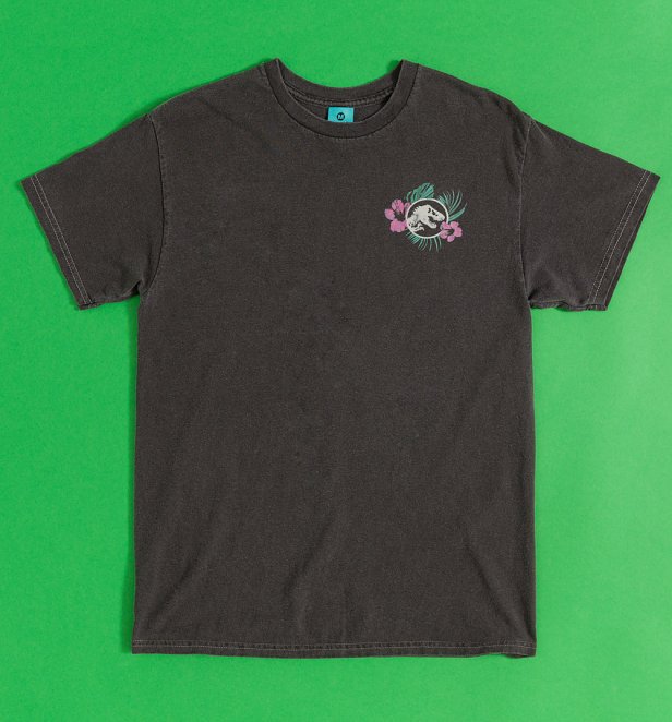 Jurassic Park Tropical Flower Vintage Wash Charcoal T-Shirt With Back Print