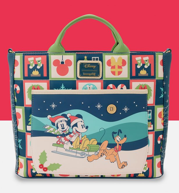 Loungefly Disney Mickey And Minnie Holiday Convertible Tote Bag Loungefly Disney Mickey And Minnie Holiday Convertible Tote Bag