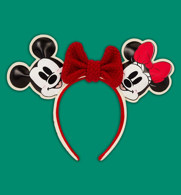 Loungefly Disney Mickey and Minnie Knit Bow Holiday Ear Headband Loungefly Disney Mickey and Minnie Knit Bow Holiday Ear Headband