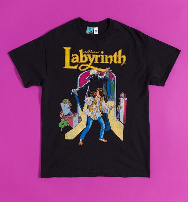 Labyrinth Comic Strip Black T-Shirt With Back Print