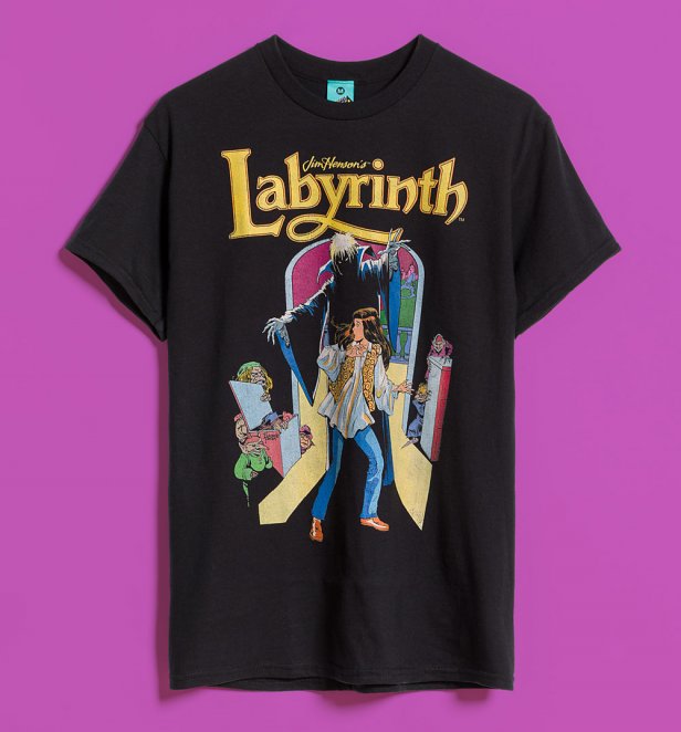 Labyrinth Comic Strip Black T-Shirt With Back Print