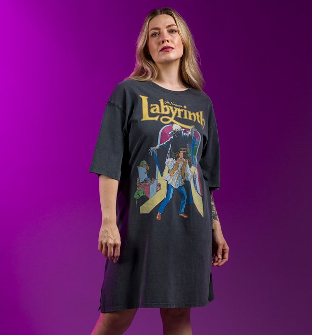 Labyrinth Comic Strip Vintage Wash Charcoal T-Shirt Dress With Back Print