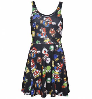 Women's Black Nintendo Icons Skater Dress Women's Black Nintendo Icons Skater Dress