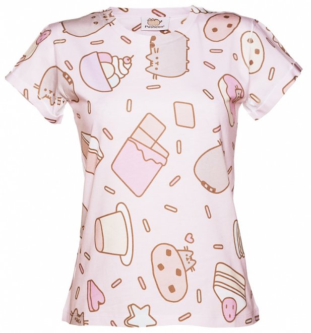 Women's Pusheen Sweet Treats All Over Print Rolled Sleeve T-Shirt Women's Pusheen Sweet Treats All Over Print Rolled Sleeve T-Shirt