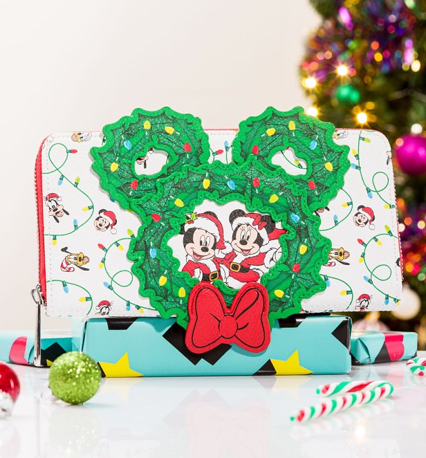 Loungefly Disney Mickey Mouse Holiday Wreath Zip Around Wallet