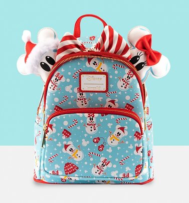 Loungefly Disney Mickey and Minnie Snowman All Over Print Mini Backpack And Headband Set