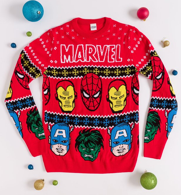 Marvel Comics Faces Red FairIsle Knitted Christmas Jumper