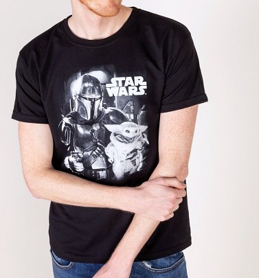 Men's Black Star Wars Mandalorian and Baby Yoda T-Shirt Men's Black Star Wars Mandalorian and Baby Yoda T-Shirt