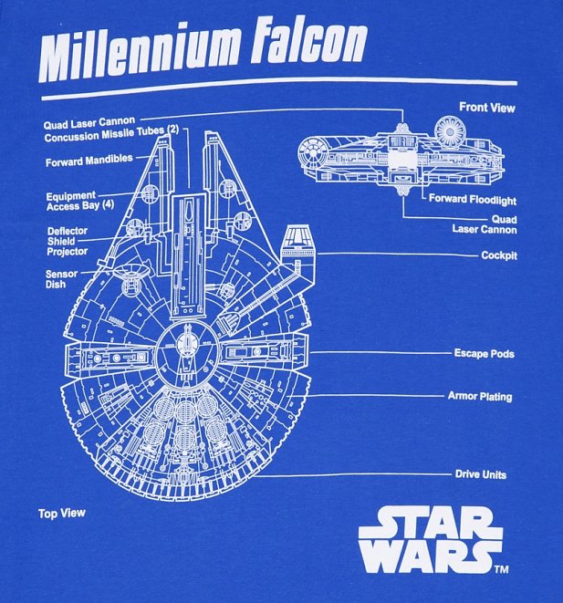 Men's Blue Star Wars Millennium Falcon Blueprint T-Shirt Men's Blue Star Wars Millennium Falcon Blueprint T-Shirt
