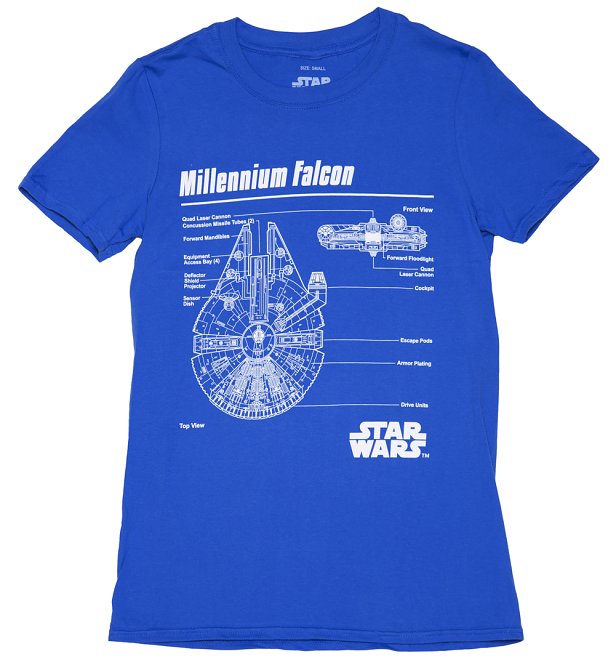 Men's Blue Star Wars Millennium Falcon Blueprint T-Shirt Men's Blue Star Wars Millennium Falcon Blueprint T-Shirt