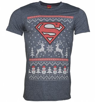 Men's Blue Superman Fair Isle DC Comics Christmas T-Shirt Men's Blue Superman Fair Isle DC Comics Christmas T-Shirt
