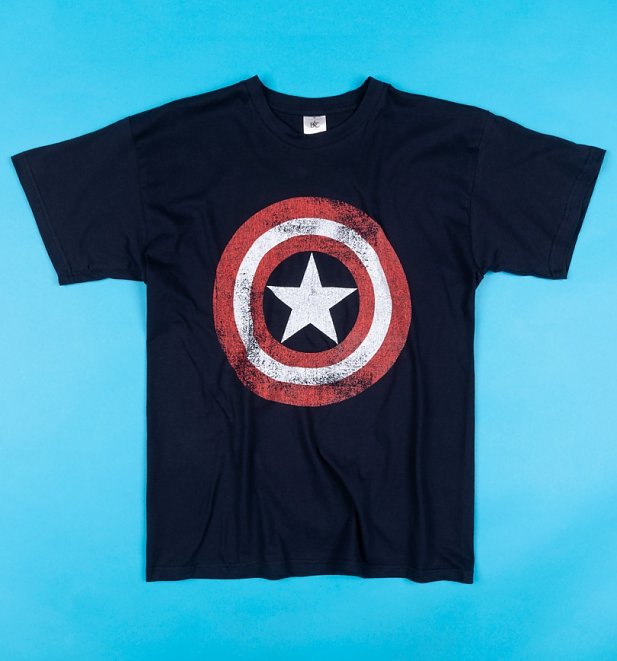 Men's Dark Navy Distressed Shield Captain America T-Shirt Men's Dark Navy Distressed Shield Captain America T-Shirt