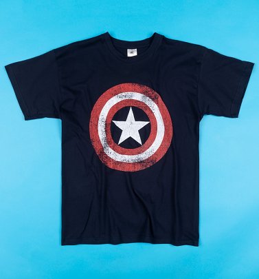 Men's Dark Navy Distressed Shield Captain America T-Shirt Men's Dark Navy Distressed Shield Captain America T-Shirt