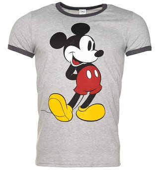 Men's Grey Marl Classic Mickey Mouse Disney Ringer T-Shirt Men's Grey Marl Classic Mickey Mouse Disney Ringer T-Shirt