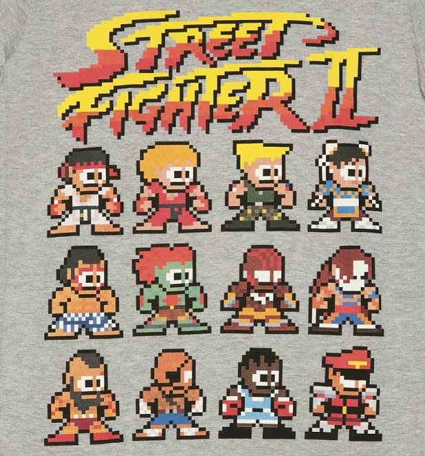 Men's Grey Marl Retro Street Fighter II Pixel Characters T-Shirt Men's Grey Marl Retro Street Fighter II Pixel Characters T-Shirt