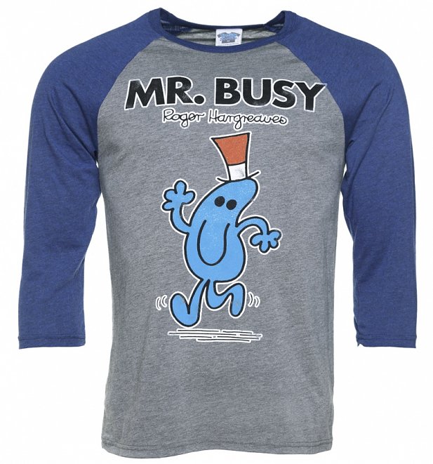 Men's Mr Busy Heather Grey and Blue Raglan Baseball Tee Men's Mr Busy Heather Grey and Blue Raglan Baseball Tee