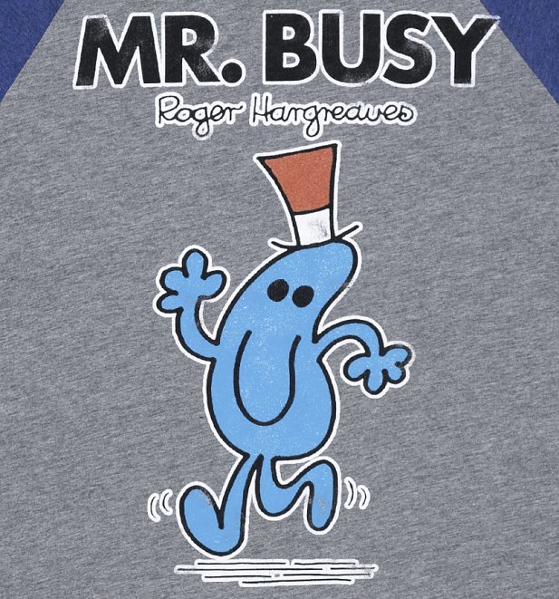 Men's Mr Busy Heather Grey and Blue Raglan Baseball Tee Men's Mr Busy Heather Grey and Blue Raglan Baseball Tee