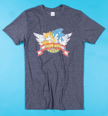 Men's Navy Marl Sonic and Tails T-Shirt Men's Navy Marl Sonic and Tails T-Shirt