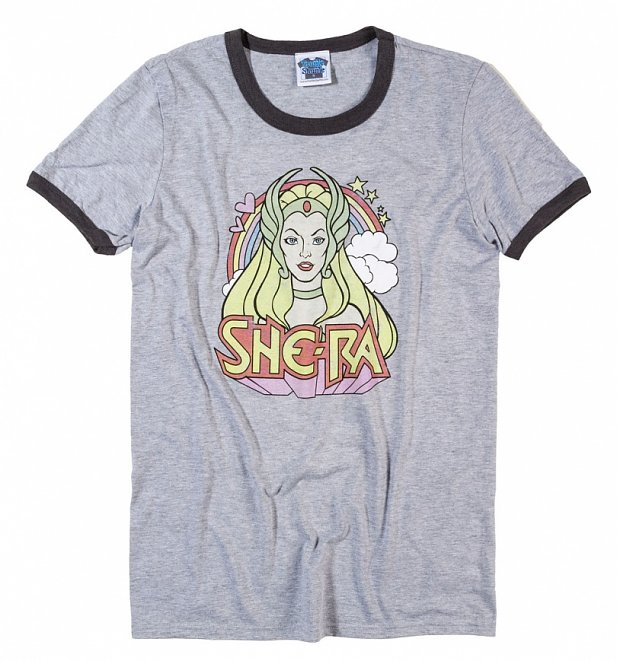 Men's Retro She-Ra Rainbow Heather Grey And Charcoal Ringer T-Shirt Men's Retro She-Ra Rainbow Heather Grey And Charcoal Ringer T-Shirt
