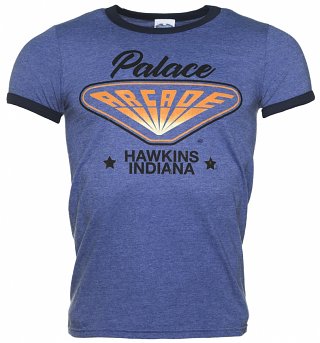 Men's Stranger Things Inspired Hawkins Indiana Arcade Heather Blue and Navy Ringer T-Shirt Men's Stranger Things Inspired Hawkins Indiana Arcade Heather Blue and Navy Ringer T-Shirt