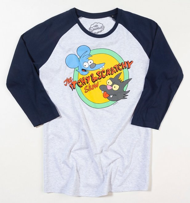 The Simpsons Itchy and Scratchy Grey and Navy Baseball T-Shirt