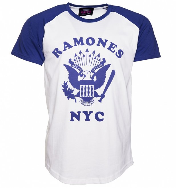 Men's White And Blue Ramones Retro Eagle Logo Baseball T-Shirt Men's White And Blue Ramones Retro Eagle Logo Baseball T-Shirt