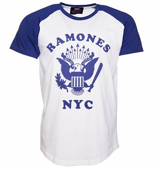 Men's White And Blue Ramones Retro Eagle Logo Baseball T-Shirt Men's White And Blue Ramones Retro Eagle Logo Baseball T-Shirt