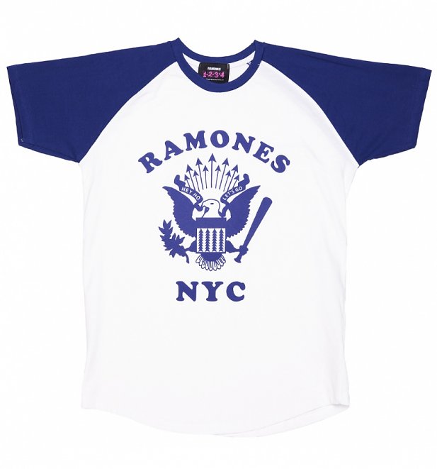 Men's White And Blue Ramones Retro Eagle Logo Baseball T-Shirt Men's White And Blue Ramones Retro Eagle Logo Baseball T-Shirt
