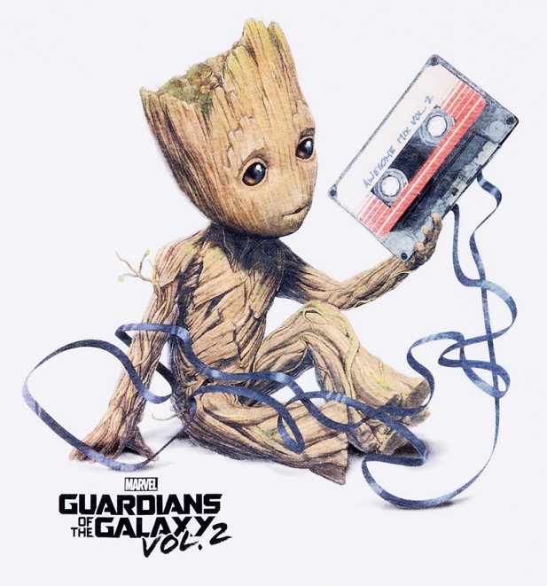 Men's White Baby Groot And Cassette Guardians Of The Galaxy T-Shirt Men's White Baby Groot And Cassette Guardians Of The Galaxy T-Shirt
