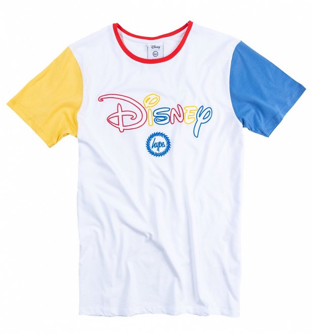 Men's White Disney Logo Colourblock T-Shirt from Hype Men's White Disney Logo Colourblock T-Shirt from Hype
