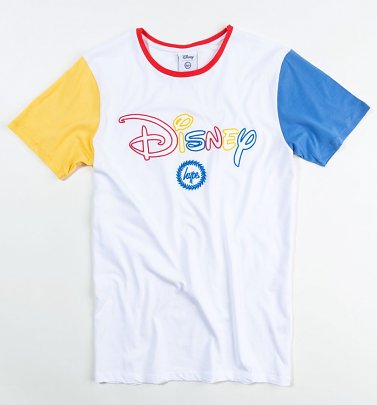 Men's White Disney Logo Colourblock T-Shirt from Hype Men's White Disney Logo Colourblock T-Shirt from Hype