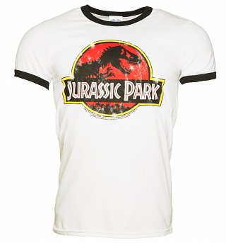 Men's White Jurassic Park Logo Ringer T-Shirt Men's White Jurassic Park Logo Ringer T-Shirt