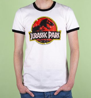 Men's White Jurassic Park Logo Ringer T-Shirt Men's White Jurassic Park Logo Ringer T-Shirt