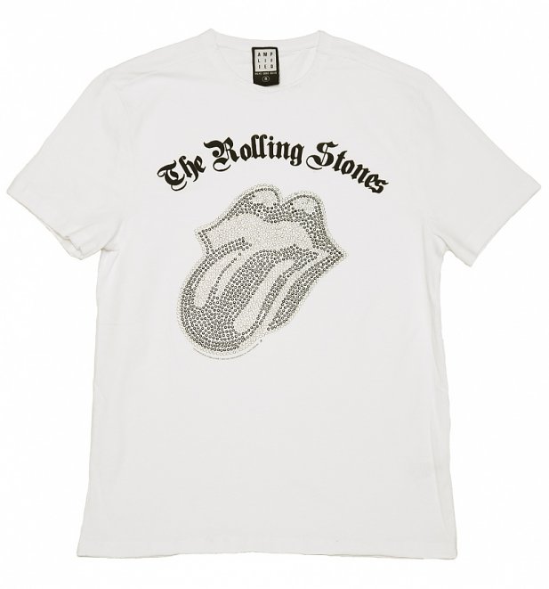 Men's White Rolling Stones Black and Silver Diamante Tongue T-Shirt from Amplified Men's White Rolling Stones Black and Silver Diamante Tongue T-Shirt from Amplified