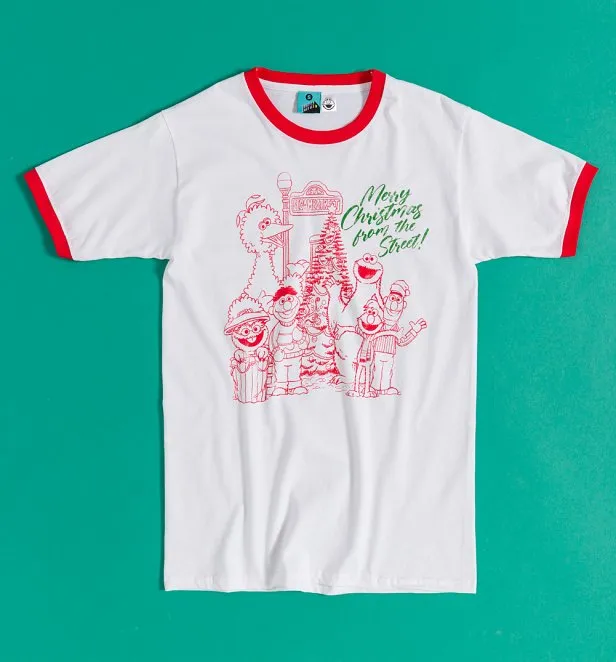 Merry Christmas From Sesame Street White And Red Ringer T-Shirt