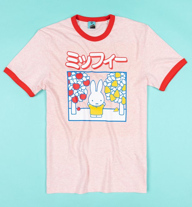 Miffy Japanese Print Pink And Red Organic Ringer T-Shirt
